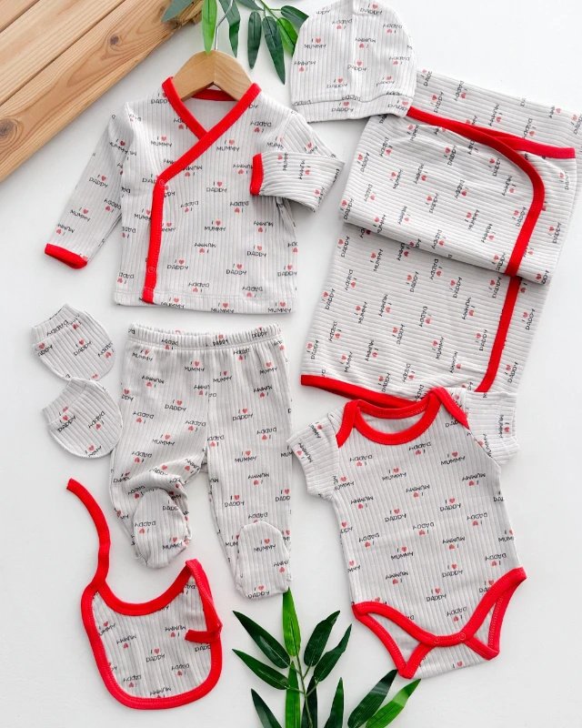 Love mummy and dady kırmızı biye detay mevsimlik kumaş yenidoğan 7 parça set 