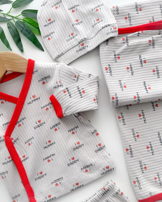 Love mummy and dady kırmızı biye detay mevsimlik kumaş yenidoğan 7 parça set 