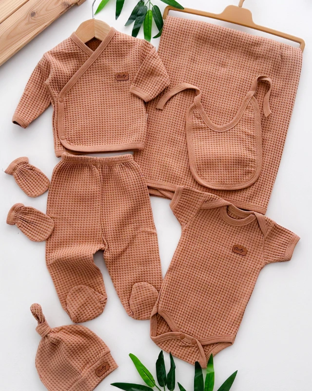 Petek dokulu yandan çıtçıt üstlü mevsimlik yenidoğan 7 parça set 