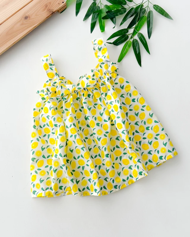 Renkli meyveler desen göğüsten büzgülü askılı yazlık bebe elbise 