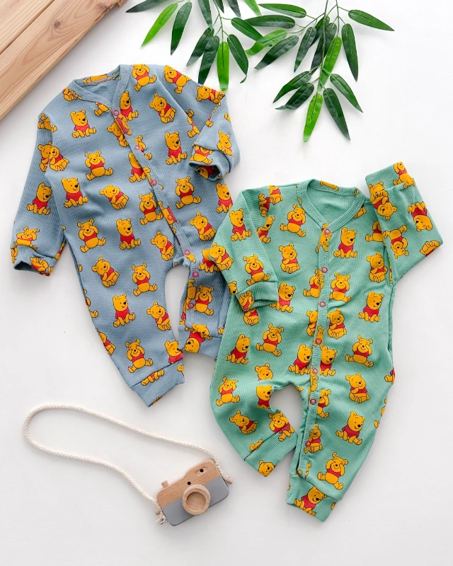 Winnie suratlar baskılı boydan çıtçıtlı fitilli mevsimlik bebe tulum 