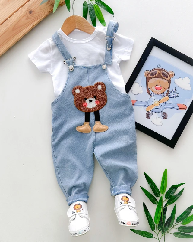Ayakları sallanan pembe yanak ayıcık kot görünümlü örme kumaş yazlık 2li salopet set