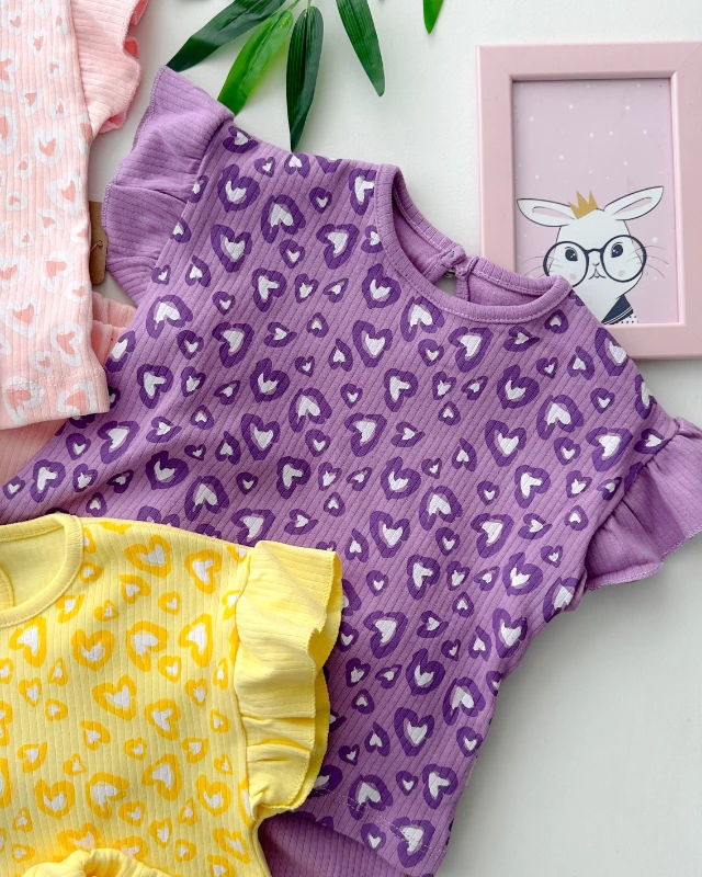 Damalı kalp desen arkadan düğme detaylı şortlu yazlık 2 parça set 