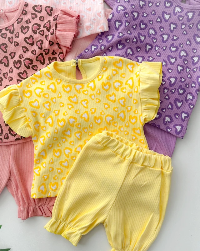 Damalı kalp desen arkadan düğme detaylı şortlu yazlık 2 parça set 