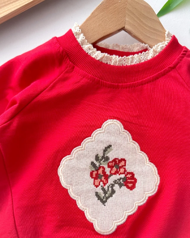 Kanaviçe çiçek detaylı fitilli tayt mevsimlik 2 parça set 