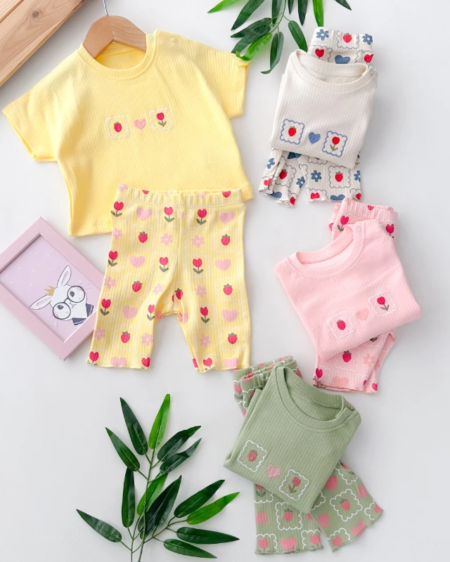 Lale desen omuzdan çıtçıtlı tshırt fitilli yazlık 2 parça set 