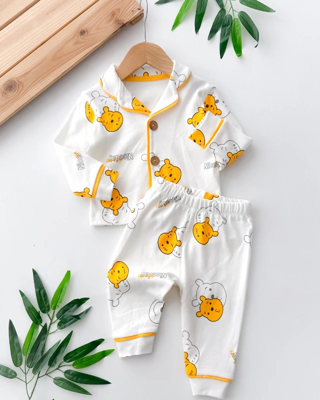 Niceday uyuyan ayıcık yandan ahşap düğmeli mevsimlik 2 parça pijama takımı