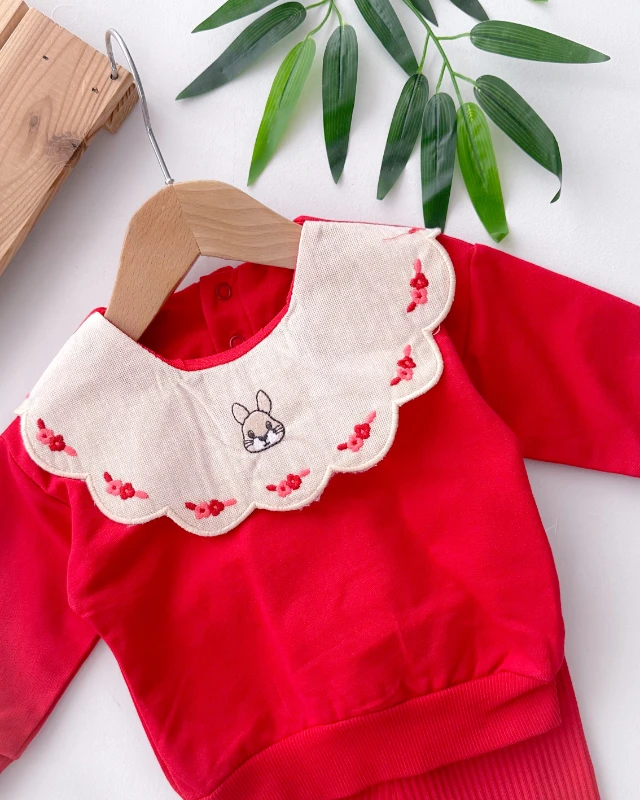 Tavşan nakış yakalı fitilli tayt mevsimlik 2 parça set 