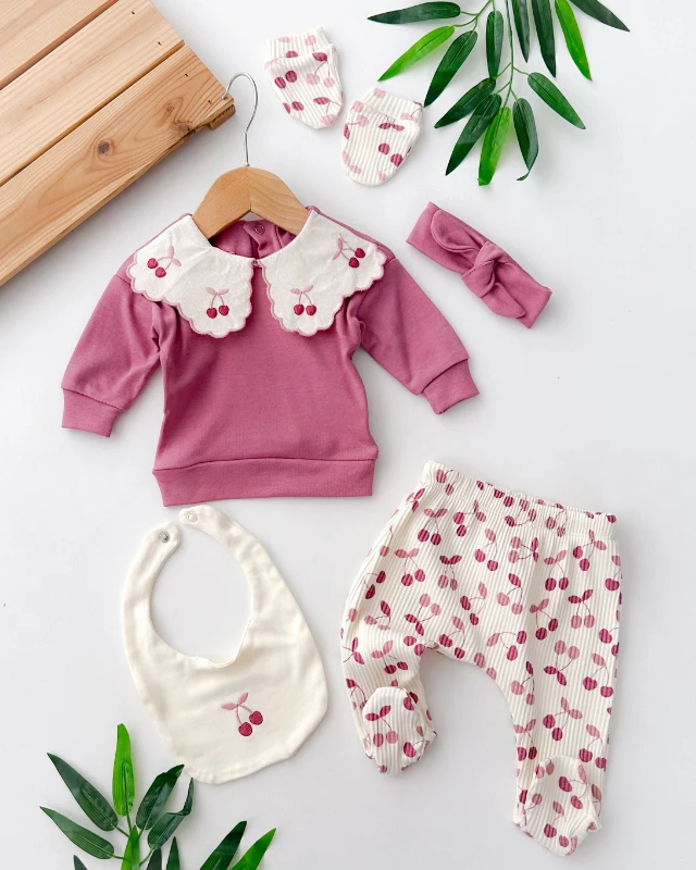 Yakası minik kiraz işlemeli arkadan çıtçıtlı altı kiraz desenli mevsimlik yenidoğan 5 parça hastane çıkışı