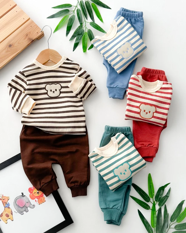 Bear surat omuzdan çıtçıtlı ribana kumaş mevsimlik 2 parça takım