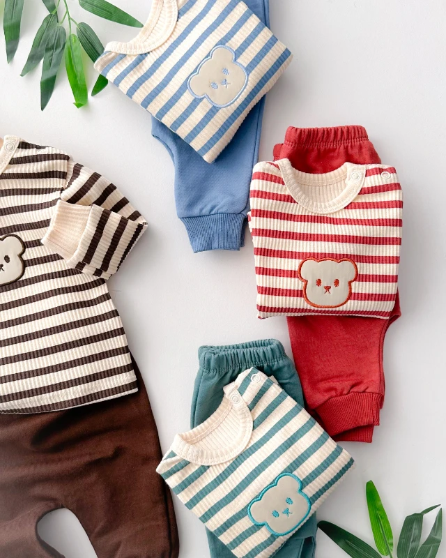 Bear surat omuzdan çıtçıtlı ribana kumaş mevsimlik 2 parça takım