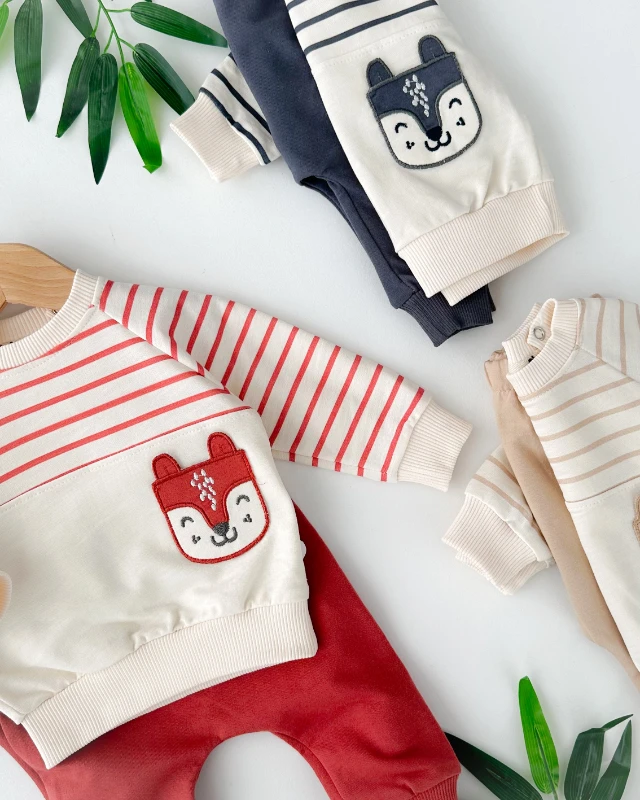 Cepte tilki detaylı çizgili arkadan çıtçıtlı mevsimlik 2 parça takım