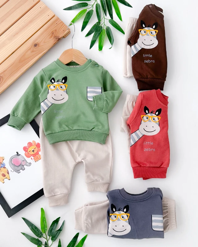 Gözlüklü zebra sahte cep baskılı omuzdan çıtçıtlı mevsimlik 2 parça takım