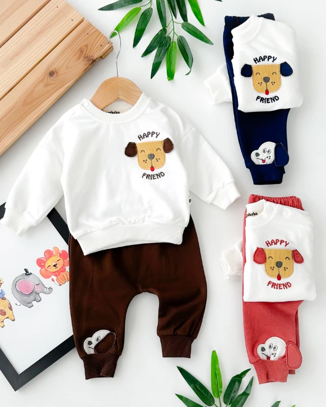 Happy friend paçada köpek detaylı omuzdan çıtçıtlı mevsimlik 2 parça takım