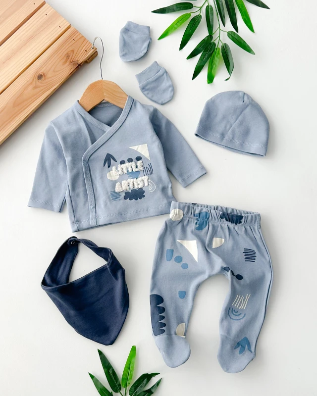 Little artıst nakışlı altı şekilli yandan çıtçıtlı mevsimlik yenidoğan 5 parça hastane çıkış seti