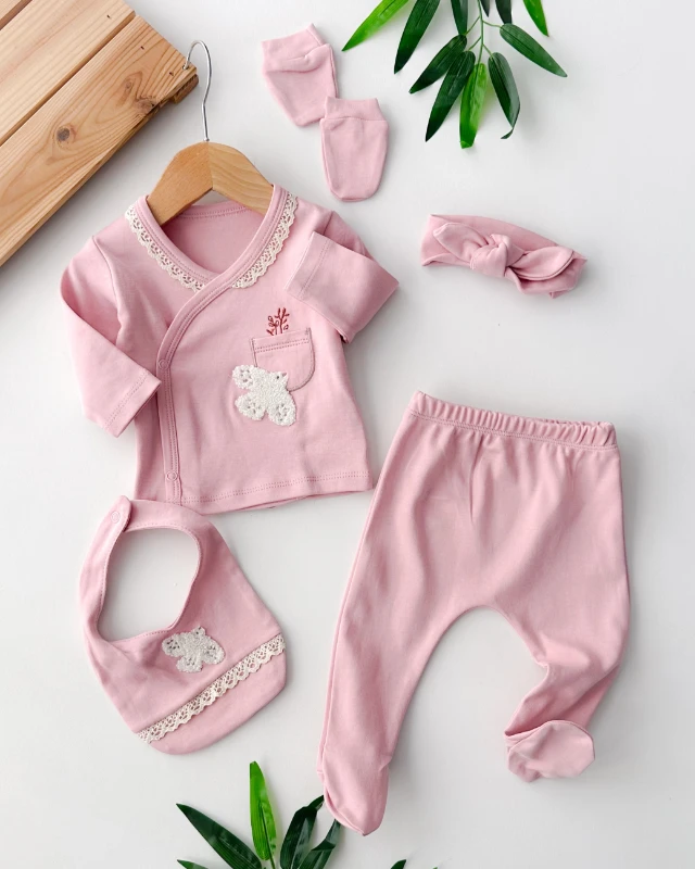 Minik cep detaylı kuş nakışlı yakası güpür işlemeli yandan çıtçıt mevsimlik yenidoğan 5 parça mevsimlik hastane çıkışı