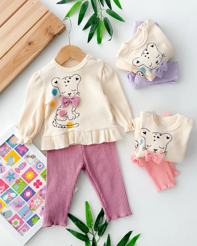 Papyonlu pisicik kolları büzgülü ribana kumaş mevsimlik 2 parça takım