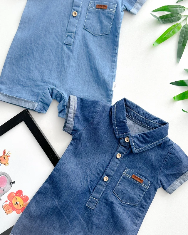 Ahşap düğmeli küçük cep detaylı yazlık kot tulum