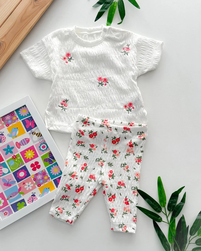 Bouquet çiçek nakış omuzdan çıtçıtlı büzgü kumaşlı yazlık 2 parça takım 