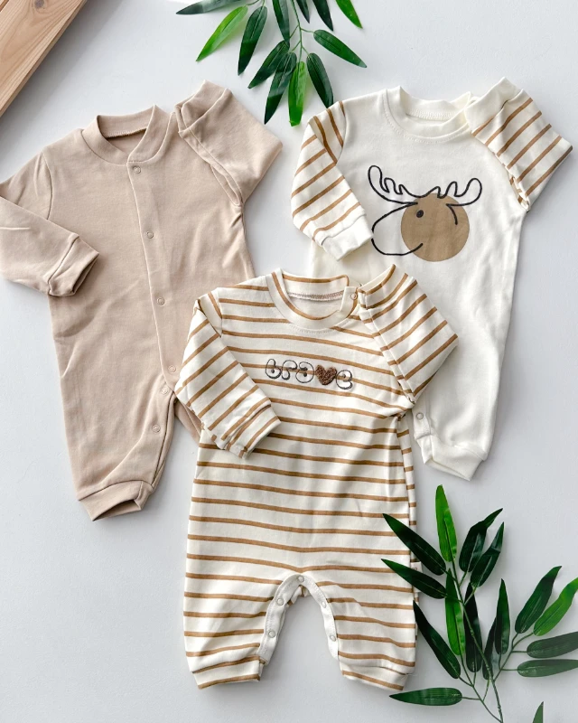 Brave geyik baskılı çizgili alttan çıtçıtlı mevsimlik 3lü tulum set