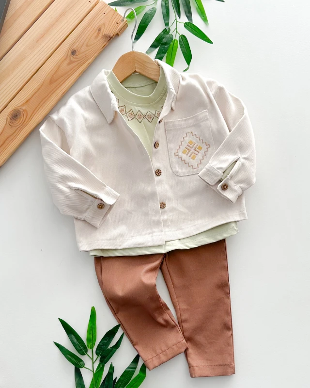 Cepte etnik desen işlemeli çeket gömlekli mevsimlik 3 parça takım