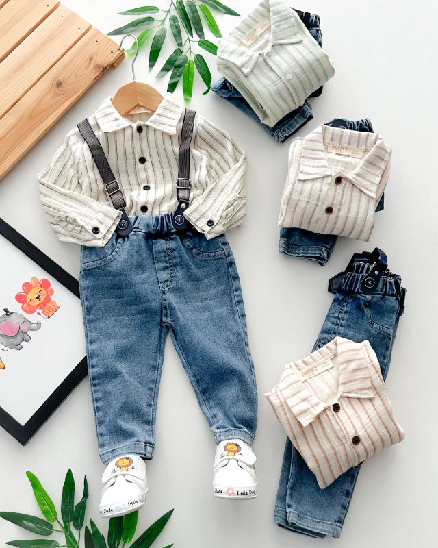 Çizgi desen gömlekli askılı kot pantolon mevsimlik 3lü takım 