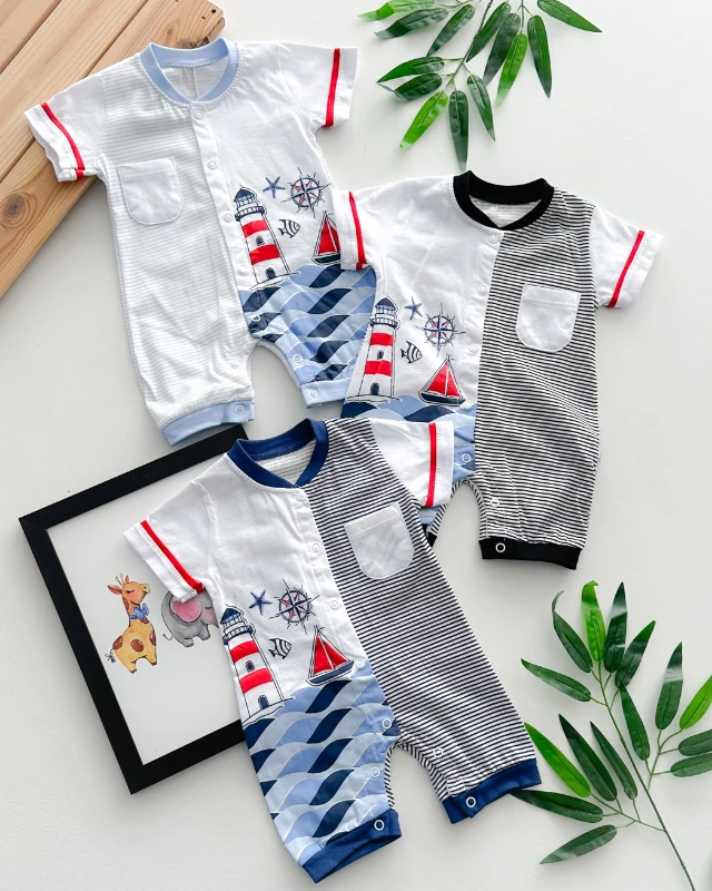 Deniz feneri baskılı boydan çıtçıtlı yazlık tulum