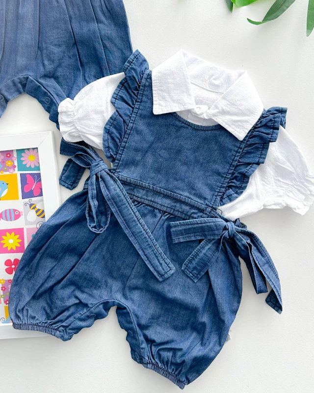 Fırfır detaylı gömlekli kot alttan çıtçıtlı yazlık salopet set