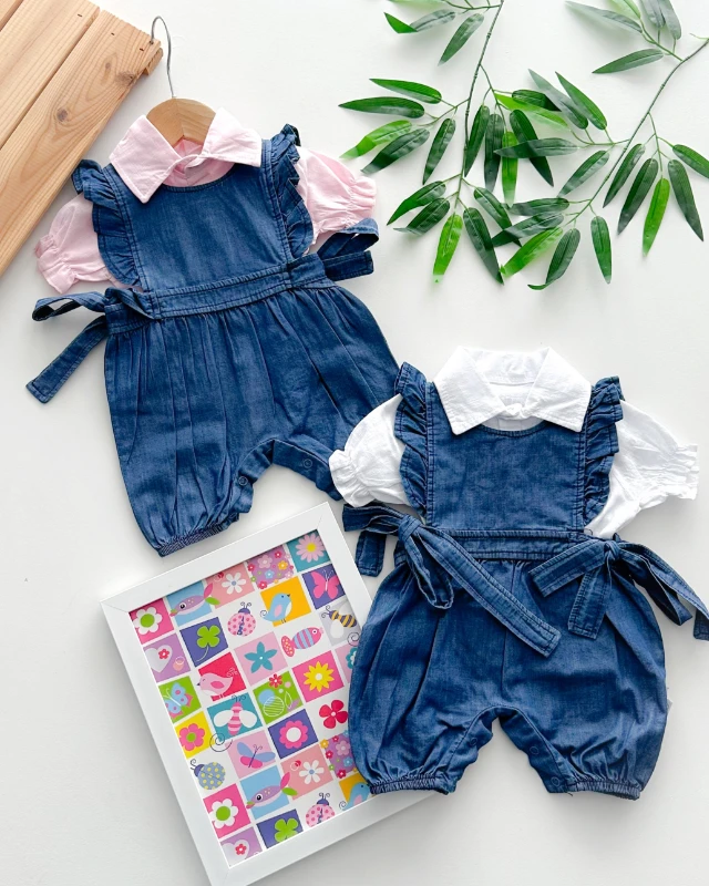 Fırfır detaylı gömlekli kot alttan çıtçıtlı yazlık salopet set