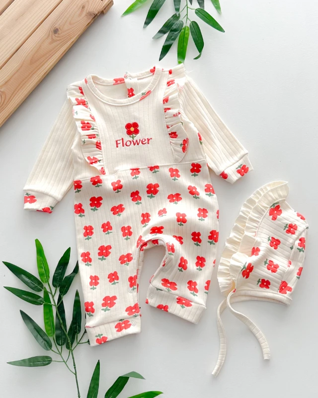 Flower nakışlı arkadan ve alttan çıtçıtlı mevsimlik tulum set 