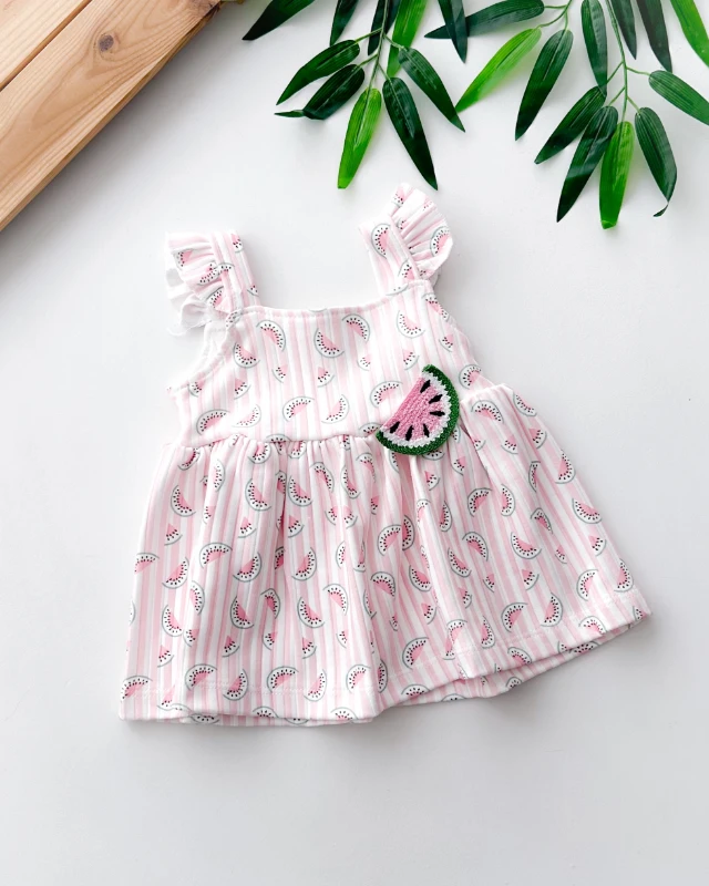 Karpuz motif askılı arkadan çıtçıtlı yazlık penye elbise
