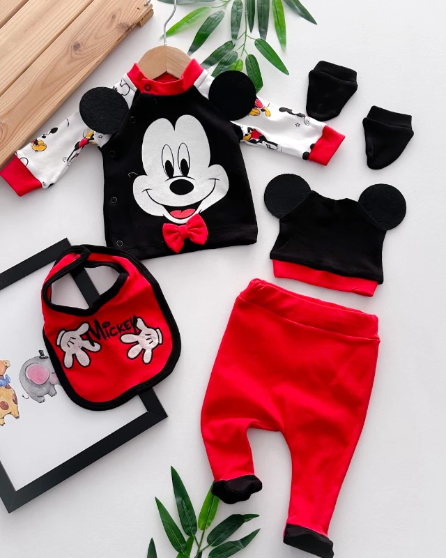Mickey surat baskılı çıtçıt fiyonklu mevsimlik 5 parça hastane çıkışı