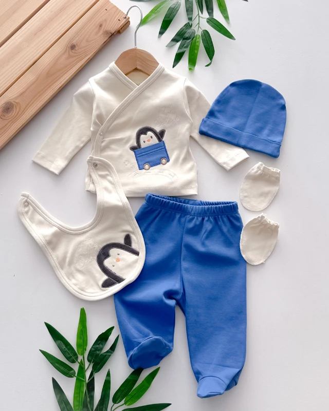 Okullu penguen nakışlı yandan çıtçıtlı mevsimlik 5 parça hastane çıkışı