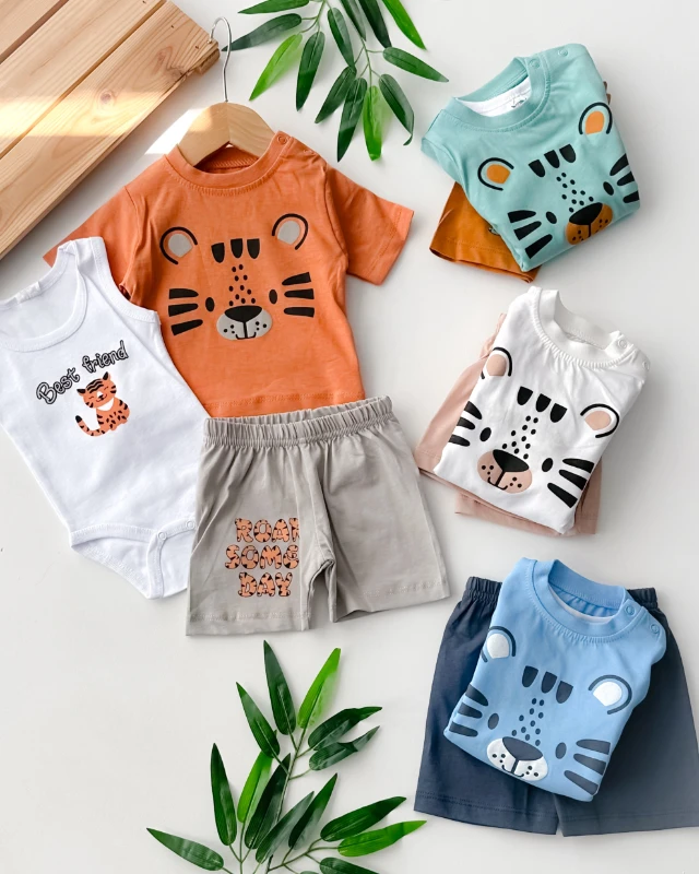 Roar some day omuzdan çıtçıtlı yazlık şortlu 3 parça set
