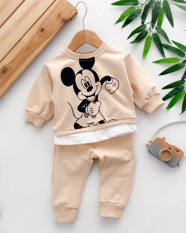 Sevimli fare baskılı alttan sahte tshirt detaylı mevsimlik 2 parça takım