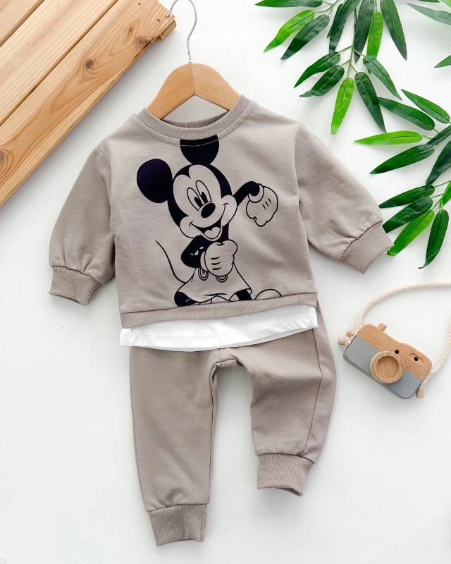 Sevimli fare baskılı alttan sahte tshirt detaylı mevsimlik 2 parça takım