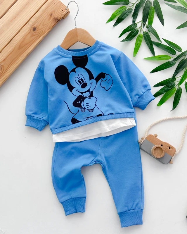 Sevimli fare baskılı alttan sahte tshirt detaylı mevsimlik 2 parça takım