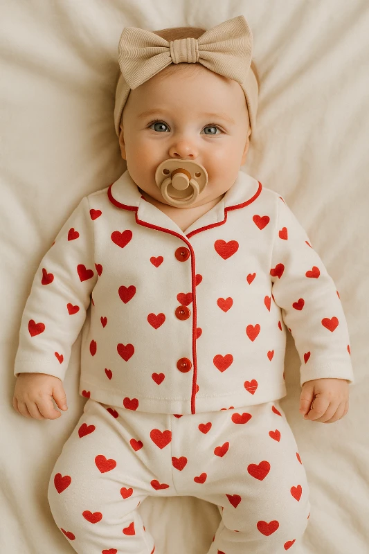 Kalp baskılı önden düğmeli mevsimlik 2 parça pijama takımı
