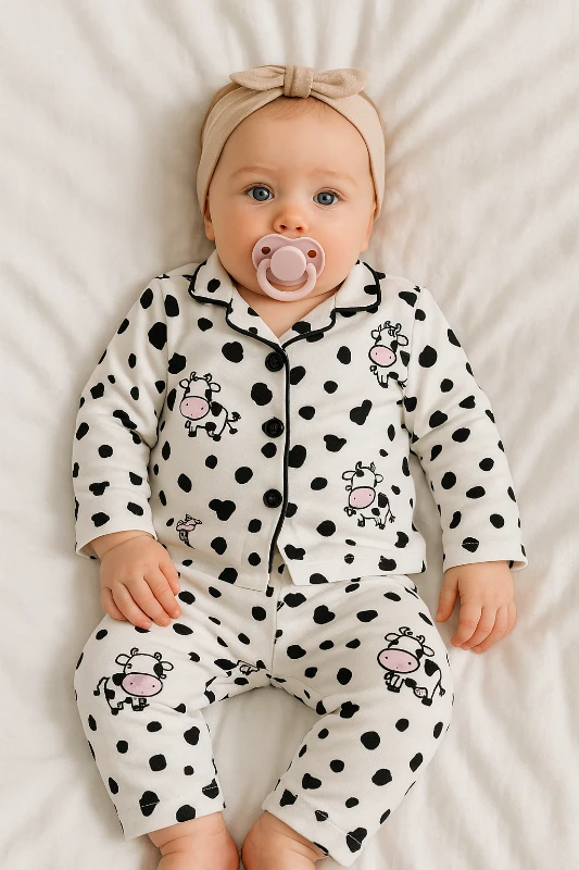 Şirin inek baskılı önden düğmeli mevsimlik 2 parça pijama takımı