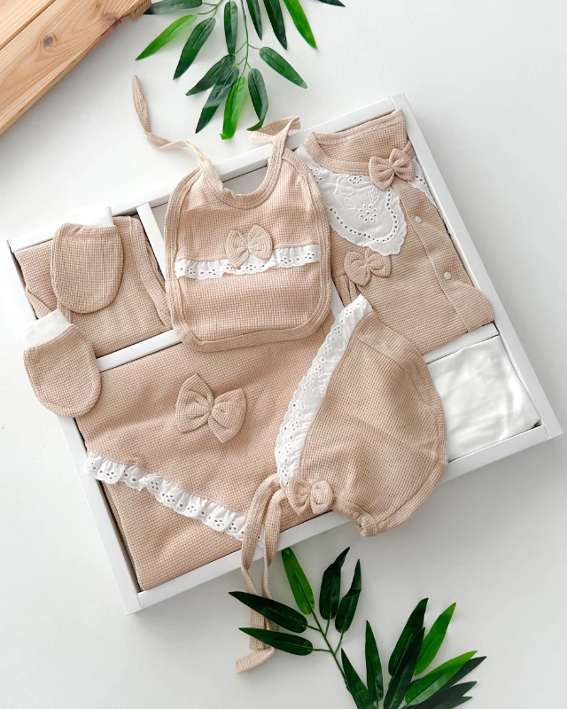Gofret desen kumaşlı bebe yakalı mevsimlik yenidoğan 10lu set 