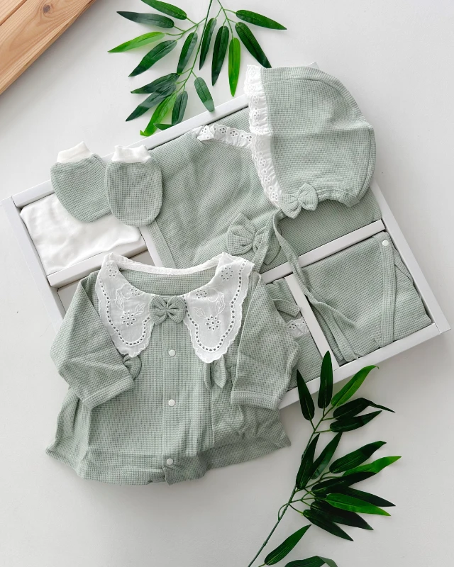 Gofret desen kumaşlı bebe yakalı mevsimlik yenidoğan 10lu set 