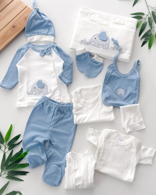 Minik fil ve bulutlar fitilli kumaş yenidoğan 10lu set 