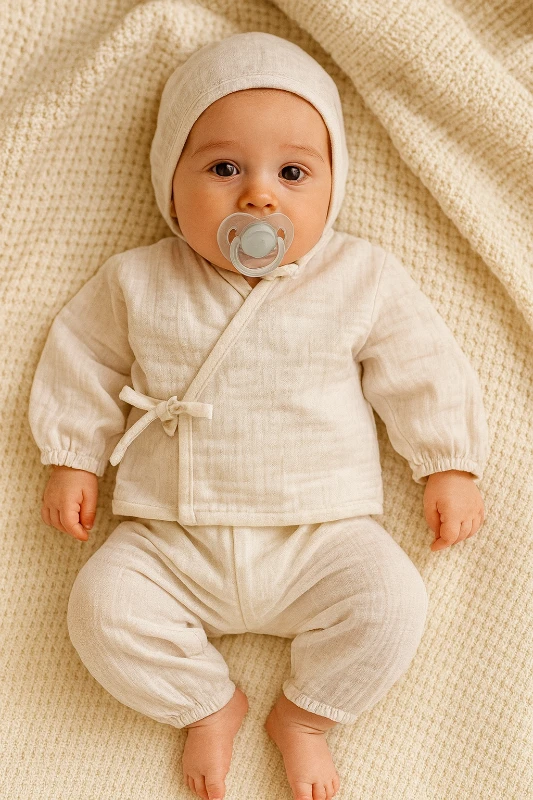 Cool baby biyeli kruvaze bağlamalı mevsimlik muslin yenidoğan  3lü set 