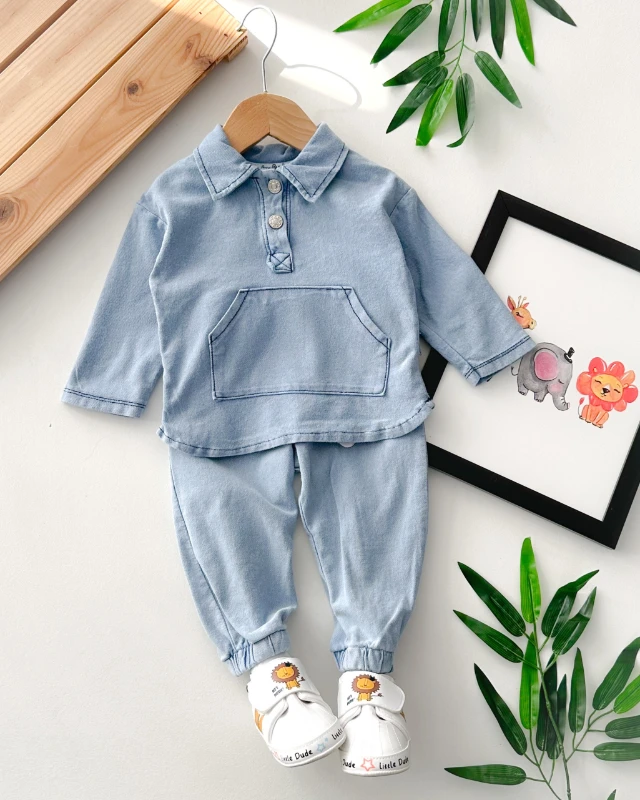 Kanguru cepli tarz görünümlü mevsimlik kot kumaş 2 parça takım