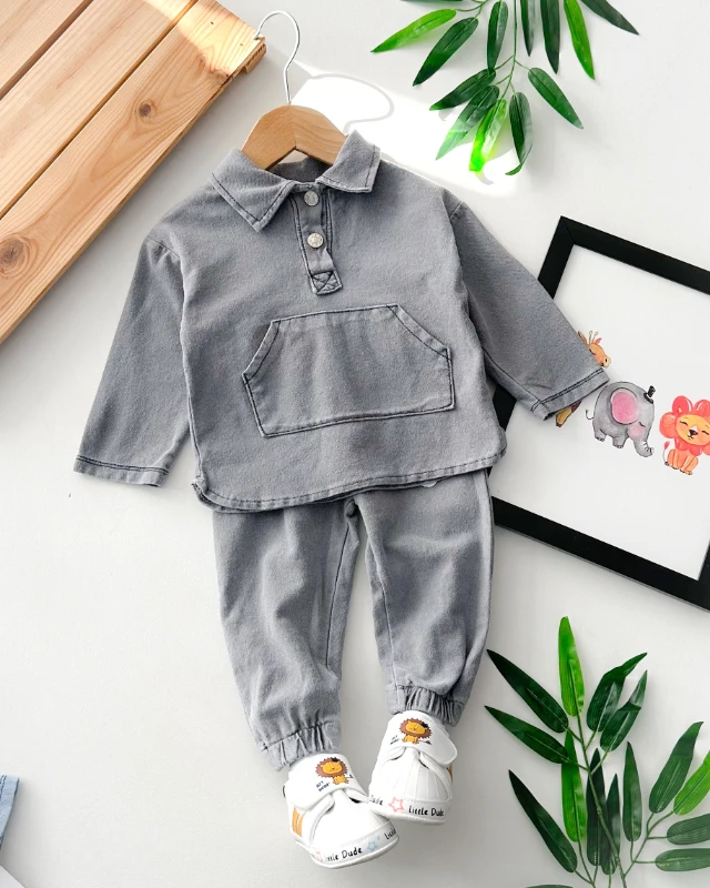 Kanguru cepli tarz görünümlü mevsimlik kot kumaş 2 parça takım