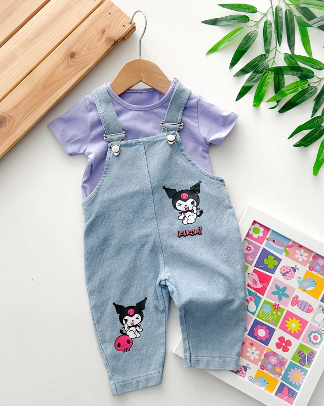 Kedi kız baskılı örme kot kumaş salopet tshırt yazlık 2li set