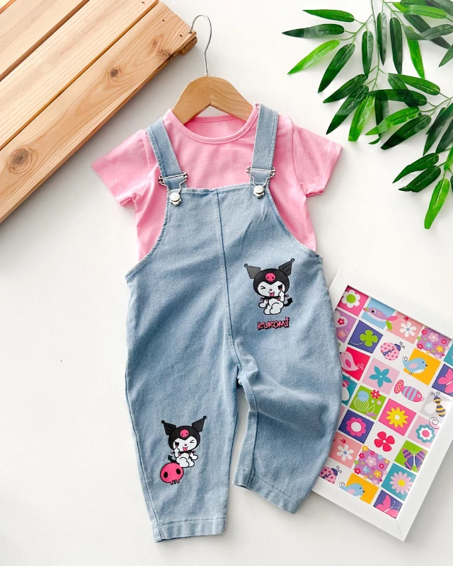 Kedi kız baskılı örme kot kumaş salopet tshırt yazlık 2li set