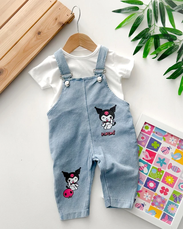Kedi kız baskılı örme kot kumaş salopet tshırt yazlık 2li set