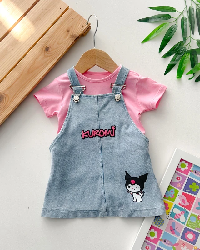 Kedi kız çizgi kahraman baskılı yazlık 2 parça kot salopet elbise
