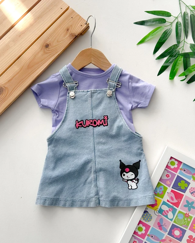 Kedi kız çizgi kahraman baskılı yazlık 2 parça kot salopet elbise
